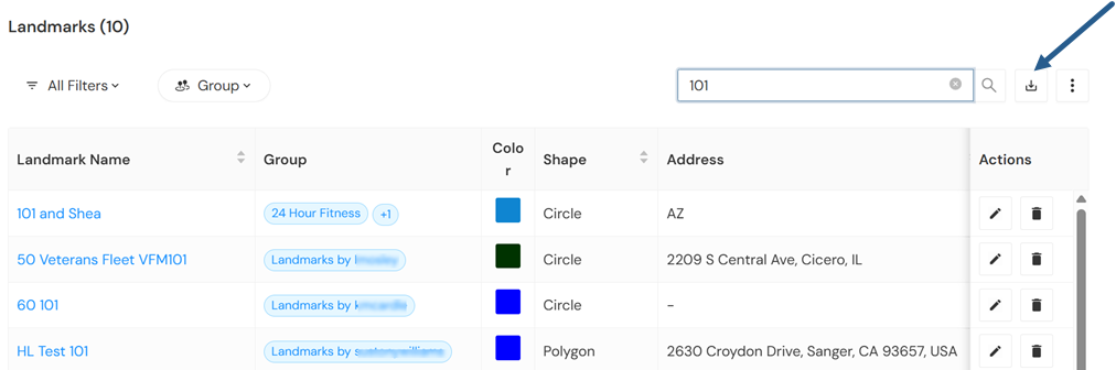Landmarks page with the download icon highlighted, located next to the search field and the three-dot menu.