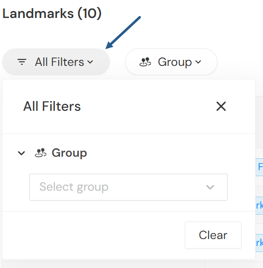 Landmarks page showing the All Filters button expanded, displaying a Group filter with a 'Select group' dropdown and a Clear button.