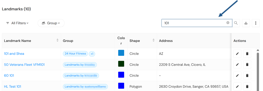 Landmarks page showing search field with '101' entered, filtering results to landmark names, groups, and addresses containing '101,' such as '101 and Shea' and '60 101.